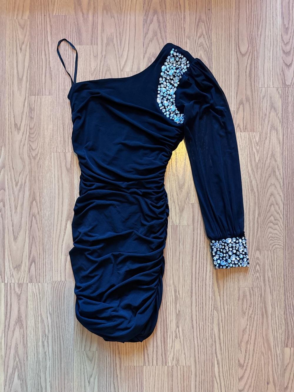 Black One-Shoulder Ruched Rhinestone Dress Size S